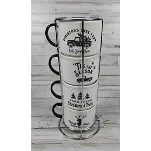 Christmas Tree Farm Stackable Mug Set w/ Metal Rack Black White Holiday 4pc NWOT